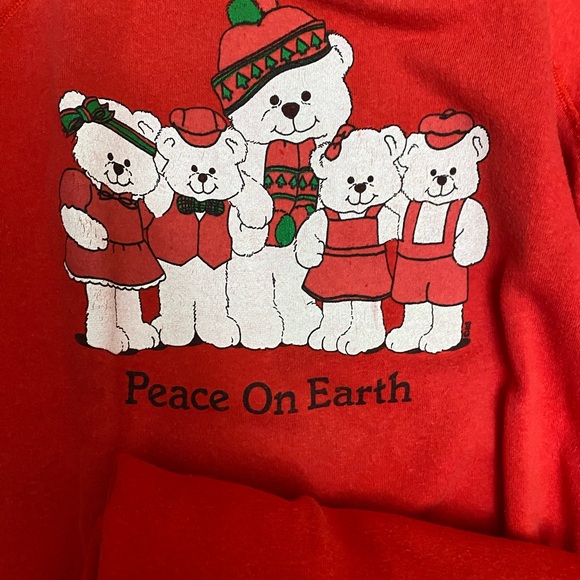 vintage 80’s Teddy Bear Sweatshirt PEACE ON EARTH XL Bears With Hats Reiss - Picture 4 of 4